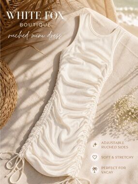 White Fox Boutique Ruched Bodycon Dress Cream White Tank Mini Size Small